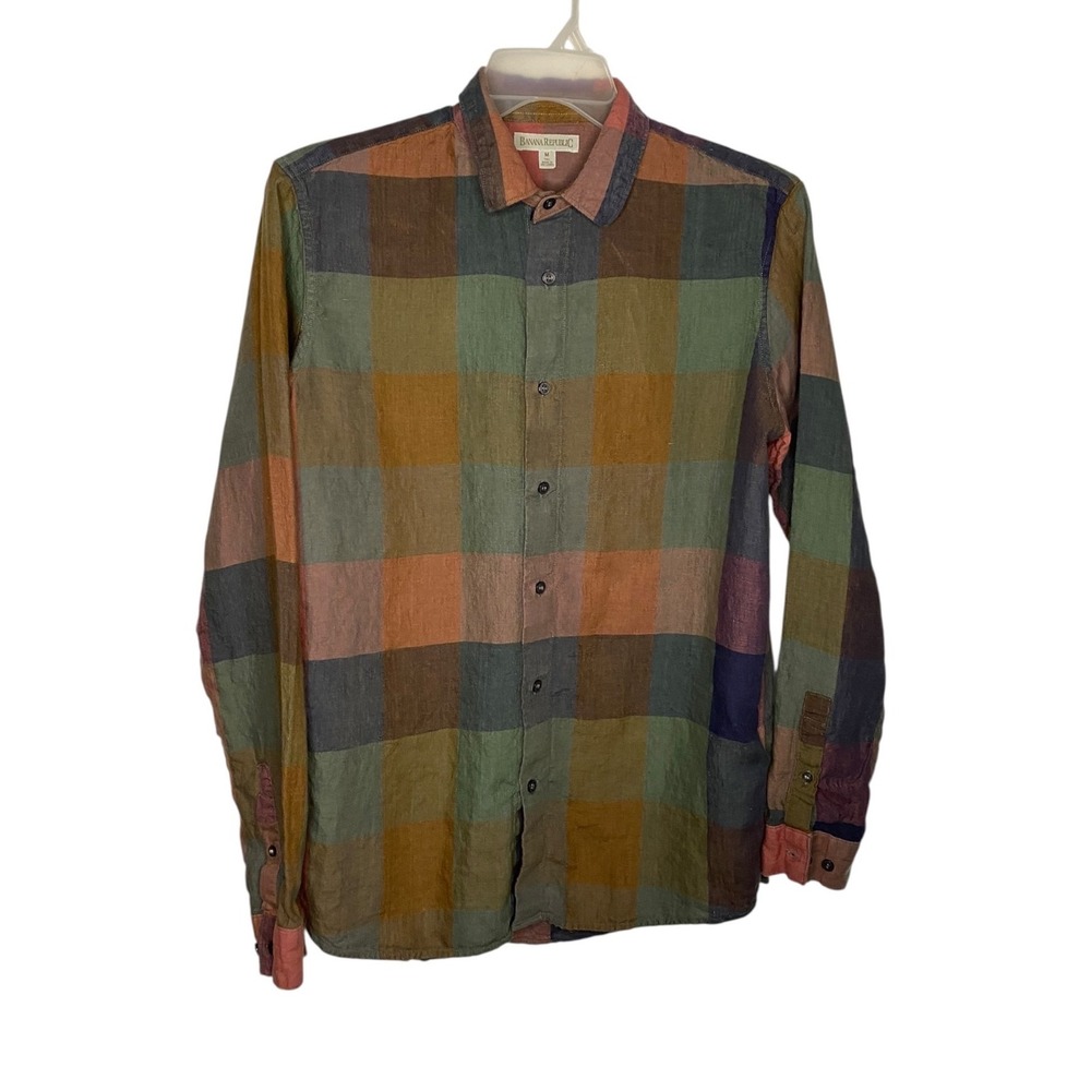 Banana Republic Mens Medium Tall Linen Button Down Shirt Fall Plaid Multi-Color